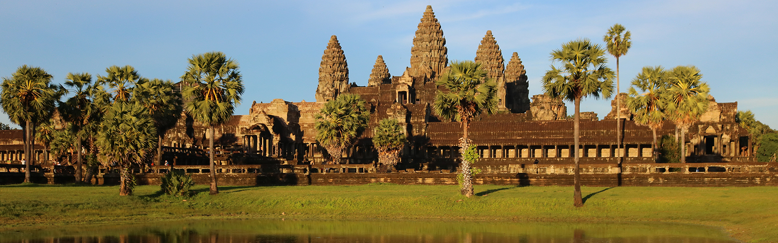 Ornate Cambodian building during sunset.