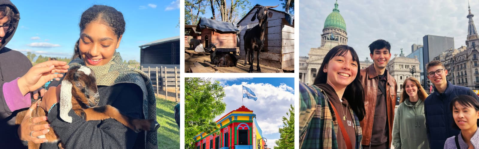 A collage shows a smiling person holding a goat, farm animals by a shed, a colorful building with an Argentine flag, and a group taking a selfie in front of a historic building.