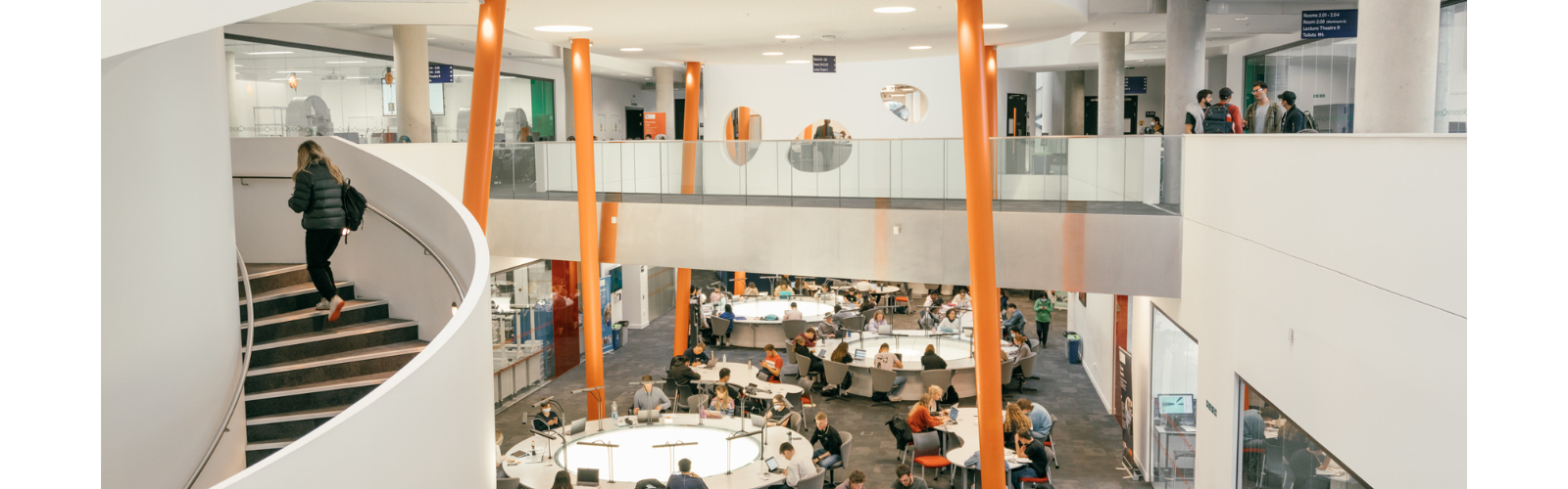 Interior of one of the libraries on campus. Students are gathered around large tables and are focused on their work.