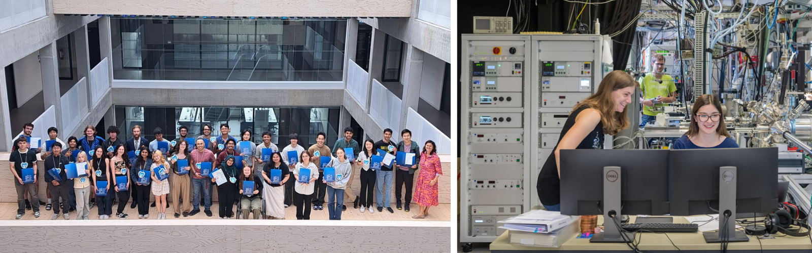 A collage of two photos: In the first, a large group poses in an atrium, holding certificates. In the second, two women engage with computer monitors in a busy science lab.