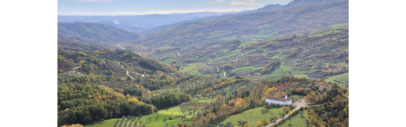 Taken from high above, showing many mountains with different shades of green from the grass, trees, and bushes. 