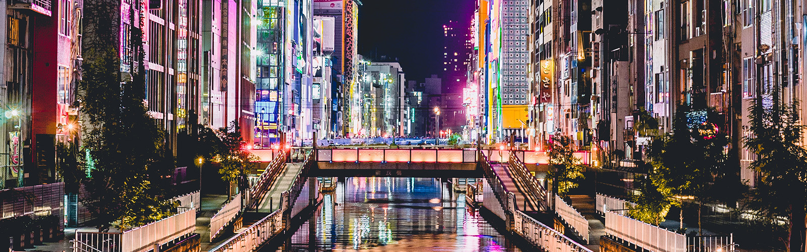 A city with tall buildings and multicolored lights line both sides of a river at night. 