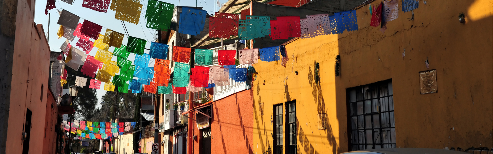 Colorful prayer flags stretch across a narrow street lined with orange buildings, casting patterned shadows in bright sunlight; festive, lively atmosphere.