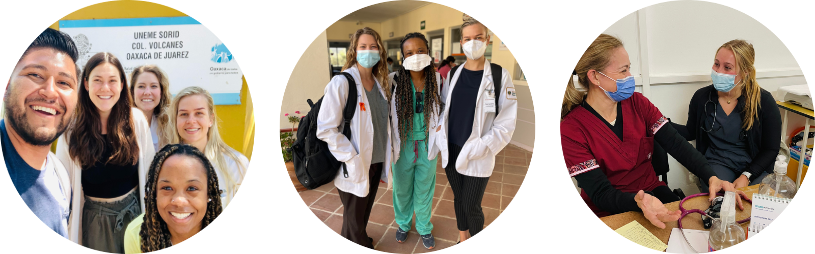 Three circles, with the left showing people smiling in front of a sign, the middle with three people in lab coats and masks, and the right, two individuals wearing masks and scrubs talking to each other. 