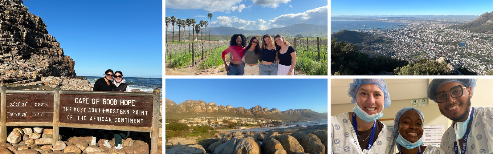 A collage of five photos. Two students at the Cape of Good Hope; four students at a farm; large rocky outcrops; Cape Town viewed from above; and three individuals in scrubs at a medical facility.