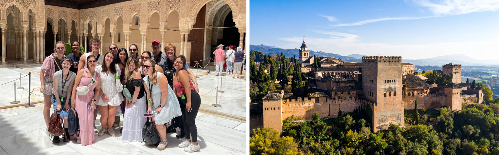 A collage of two images. On the left, a group of students poses inside a marble courtyard with intricate arches. On the right, a distant view of the Alhambra surrounded by trees.