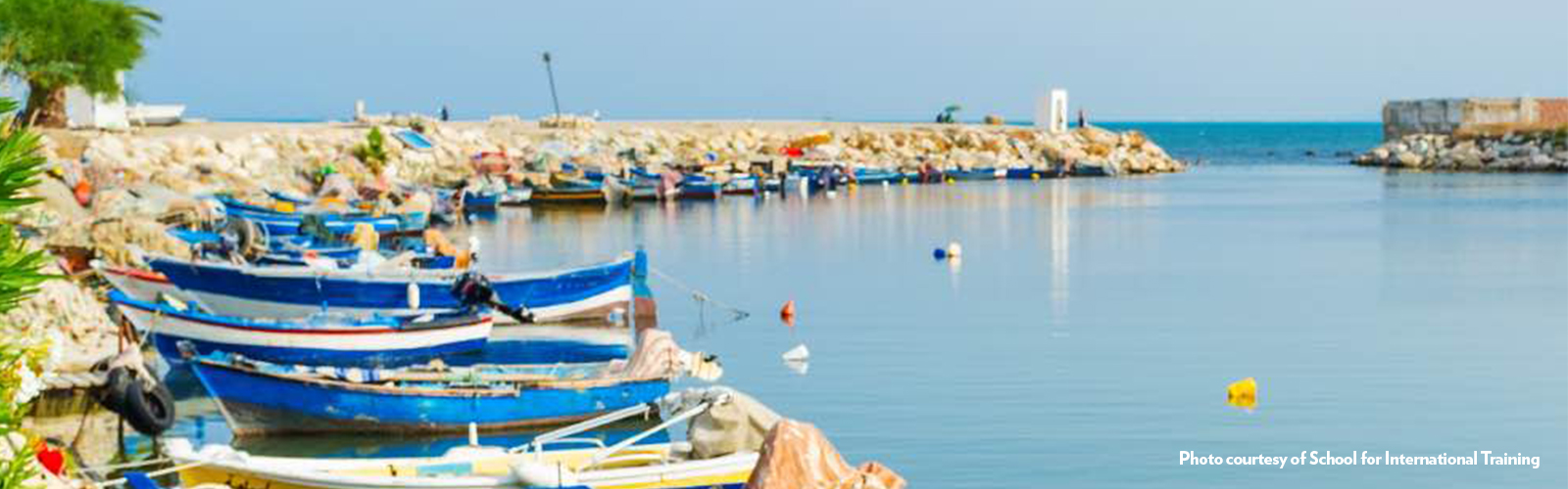 Blue boats lining a stone jetty, with the sea visible in the background.