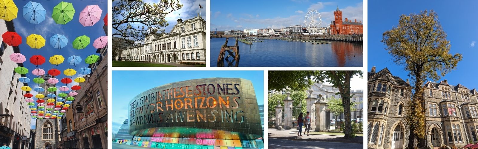A collage of six photos: colorful umbrellas hanging between buildings; a large white stone building; a harbor lined by buildings; a tall tree growing between two buildings; two individuals walking on a sidewalk; a large piece of artwork in a plaza.